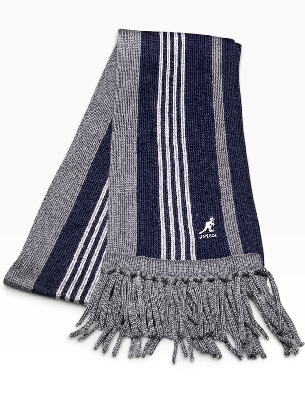 Kangol men’s muffler blue and gray striped wool blend scarf